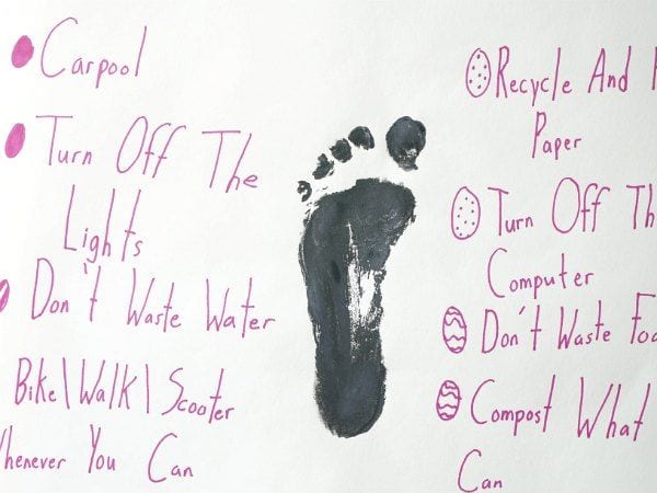 Student's black paint footprint surrounded by ideas for reducing your carbon footprint