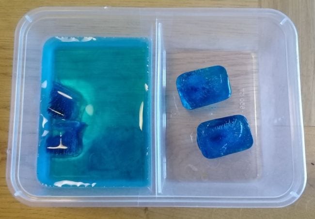 Blue ice cubes in a divided container, with the left side also containing water (Climate Change Activities)