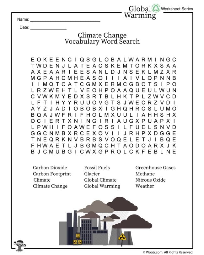 Printable word search with climate change terms for the classroom