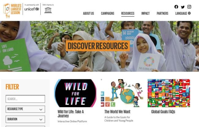 Screen shot of the World's Largest Lesson resources page (Climate Change Activities)
