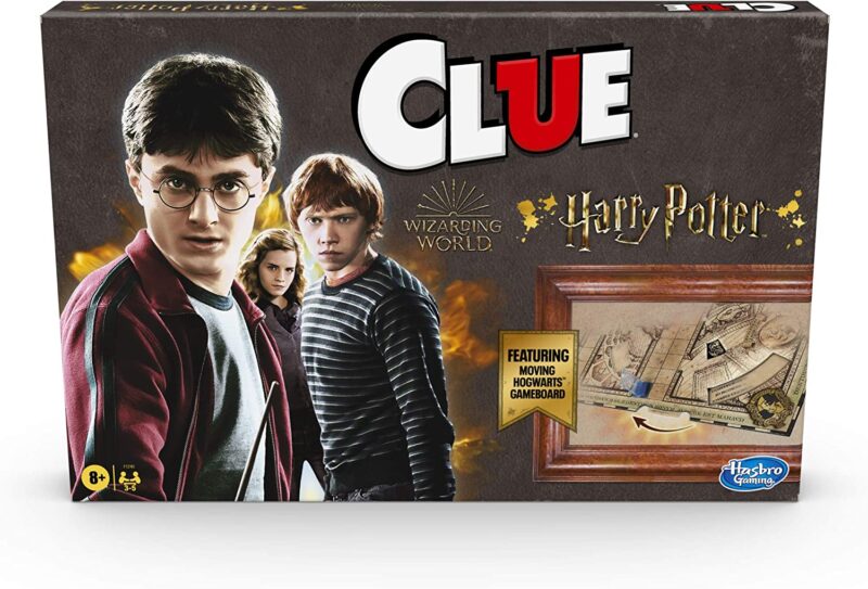 A box features stills from the movie Harry Potter and says Clue Harry Potter.