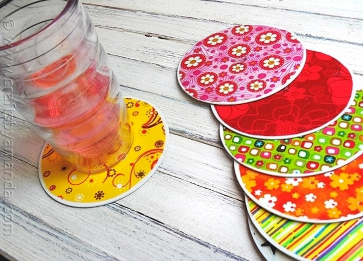 art auction ideas- colorful drink coasters made from recycled CDs and fabric