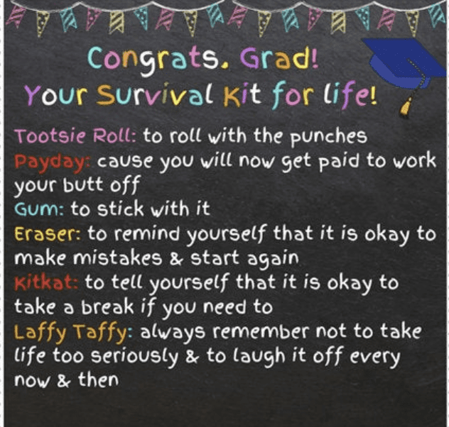 Congrats Grad! Your Survival Kit For Life tag for senior graduation candy themed gift 