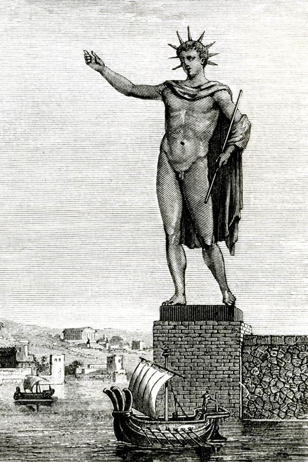 رسم خطي لتمثال رودس العملاق أحد عجائب الدنيا