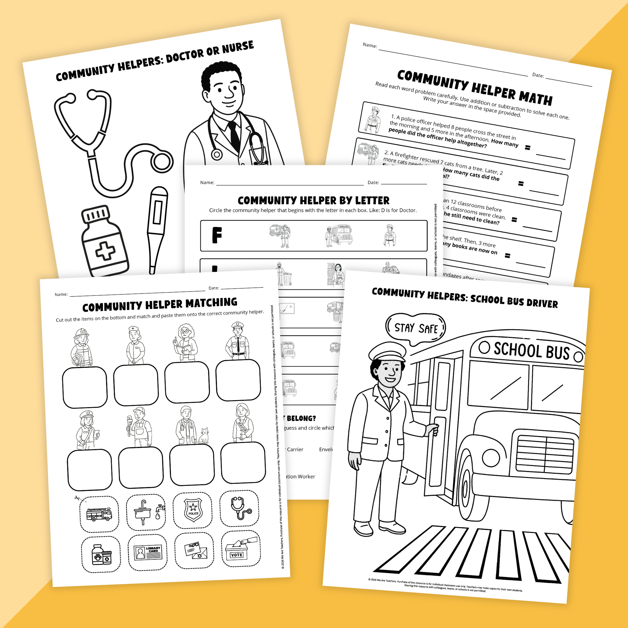 Images of the worksheets in the Community Helpers worksheet and activity bundle.
