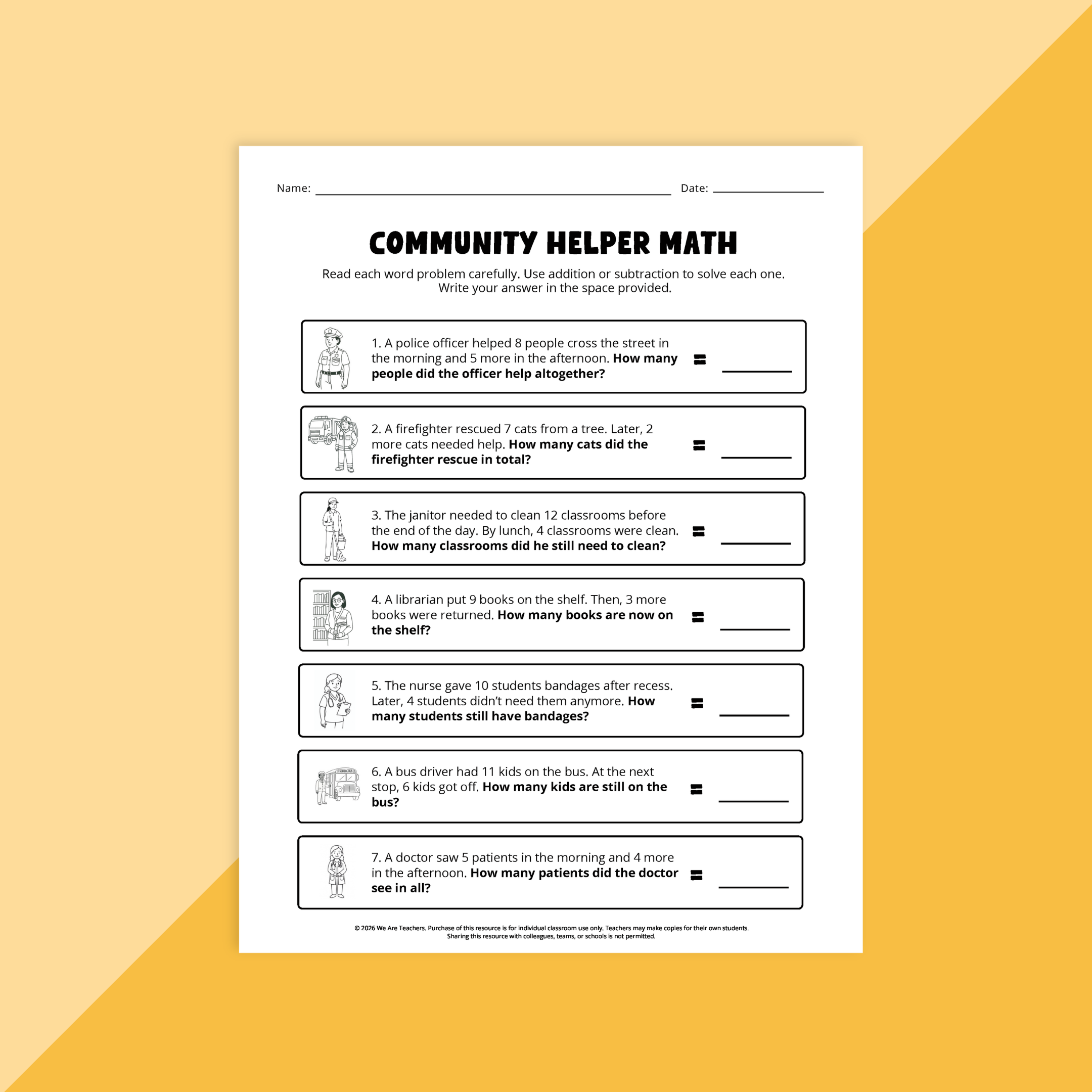 Image of a worksheet using community helpers as a fun math word problem activity.