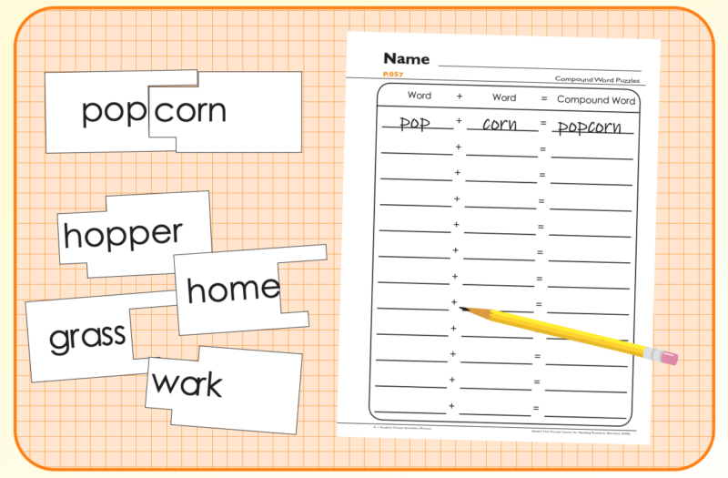 puzzle pieces showing word parts coming together to form compound words and a worksheet to consolidate student work