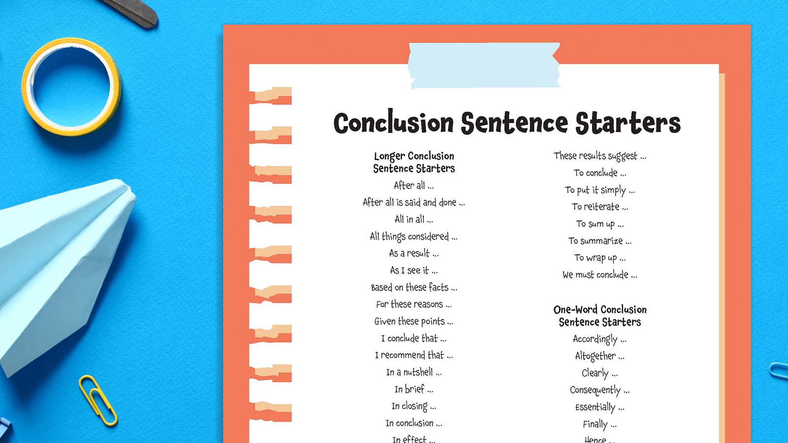 Conclusion Sentence Starters Printable list of conclusion sentence starters on a blue background with school supplies.