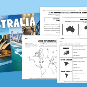 Images of worksheets and posters from the Continents, Oceans, & Map Skills Worksheet & Activity Bundle.