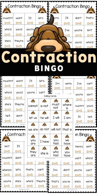 a sample of contraction bingo cards with a cartoon puppy in the middle