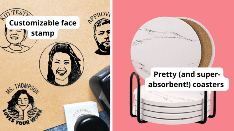 Paired image of customizable face stamp and coasters