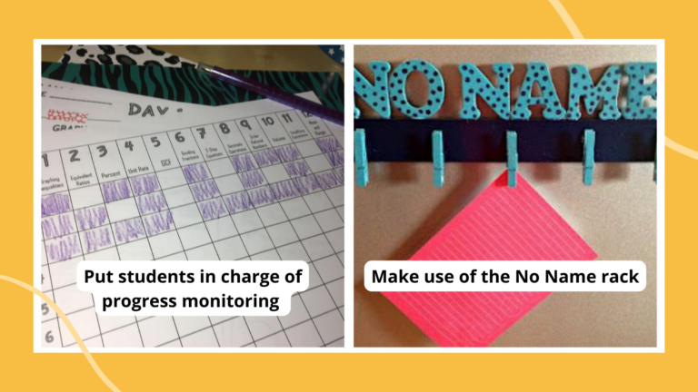 two options for how to tackle teaching sixth grade, having students progress monitor their work and having a place for students to hang work with no name on it