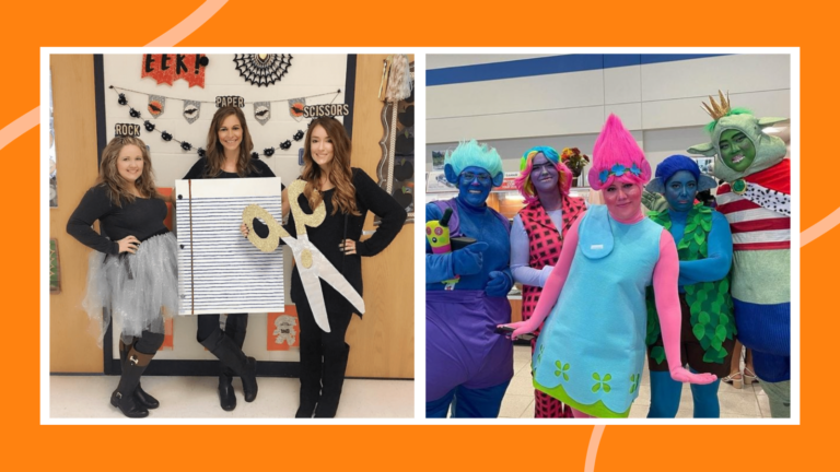 Examples of teacher Halloween costumes, including Trolls dolls and Rock, Paper, Scissors