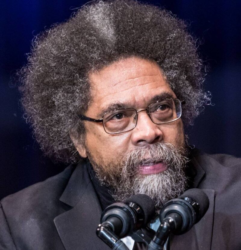 Famous philosophers include Cornel West, shown here from the neck up with a serious expression sitting in front of a microphone. He has an afro and a beard and moustache. He's wearing thin, wire frame glasses.