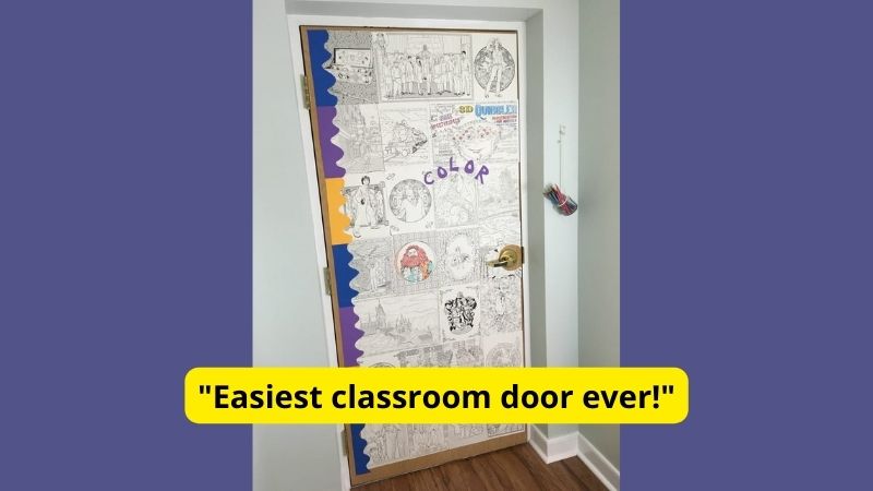 Classroom door covered in coloring pages
