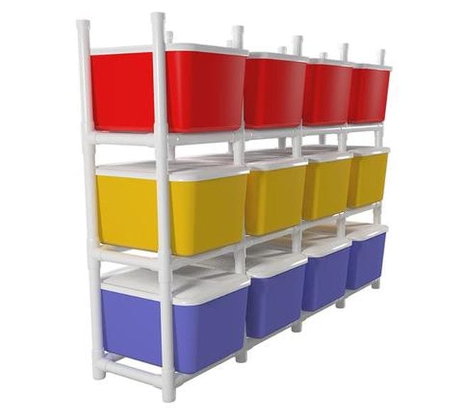 Storage system for plastic bins built from PVC pipes and fittings