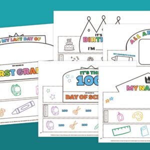 Printable classroom crowns bundle with name, birthday, first day, and 100th day crown templates