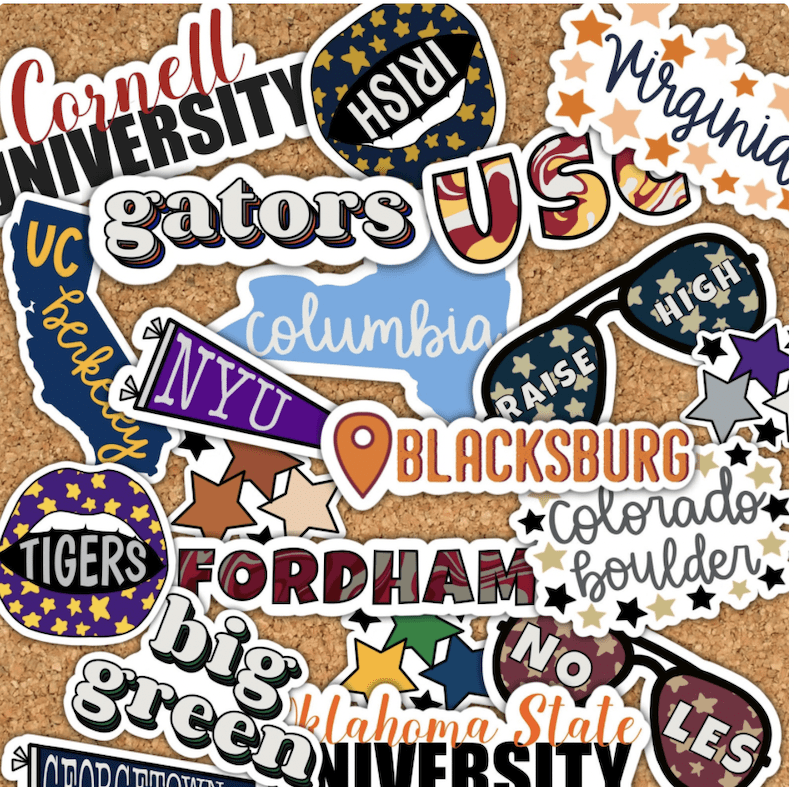An assortment of college stickers to gift graduating seniors, as an example of graduation gifts for high school seniors from teacher