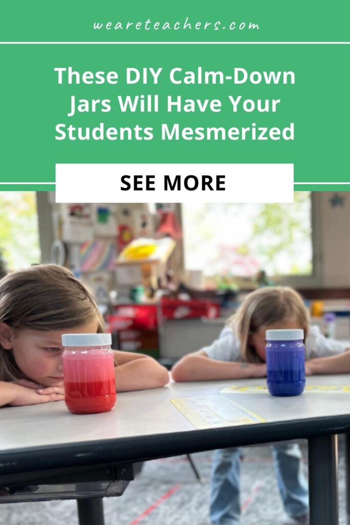 Teach your students about mixing colors with DIY calm-down jars. When you shake the jar, the two colors mix. Then they slowly separate again.