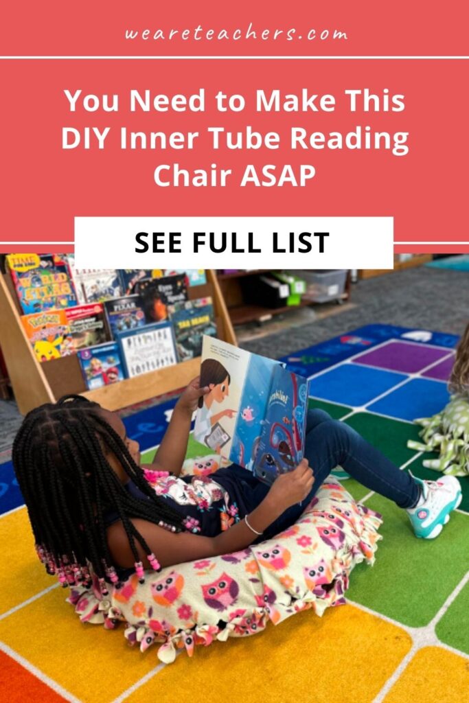 OK, this DIY reading chair is seriously cute and SERIOUSLY easy. It's made from an inner tube and fleece fabric. And it's no-sew!