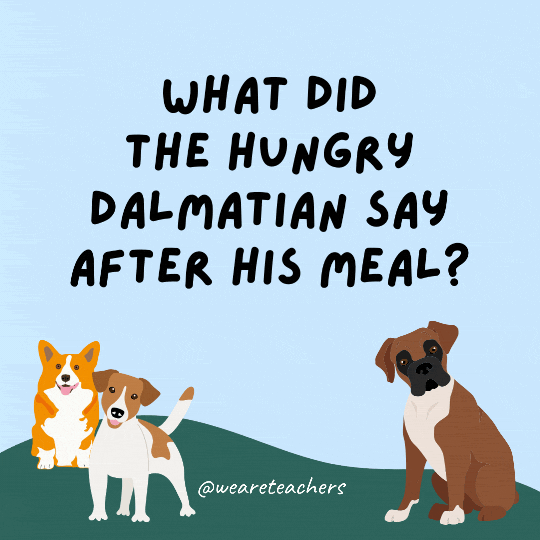 What did the hungry dalmatian say after his meal? That hit the spots.