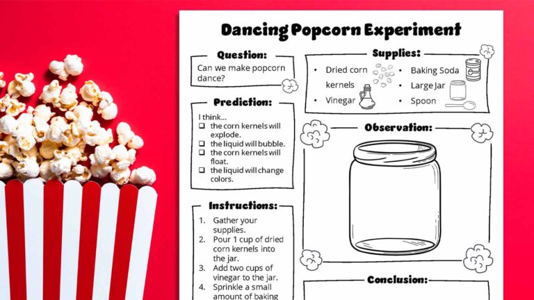 Dancing popcorn experiment worksheet with a tub of popcorn on a red rectangular background.