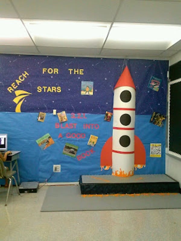 Red and white rocket ship with blue walls space theme for classrooms