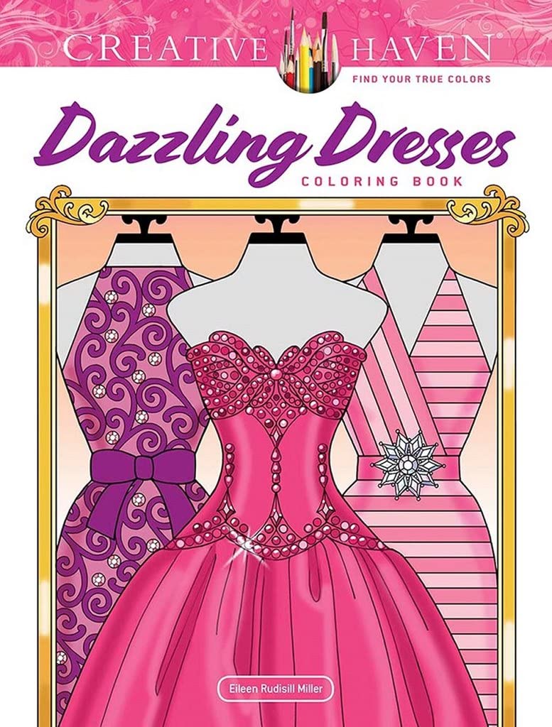 Adult coloring books include ones on fashion like this cover that shows three illustrations of dresses on dress forms.