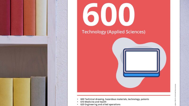 Dewey Decimal System 600 Technology Applied Sciences poster on wall next to book shelf.
