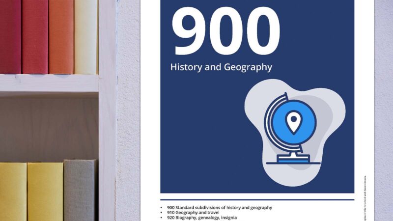 Dewey Decimal System 900 History and Geography poster on wall next to book shelf.
