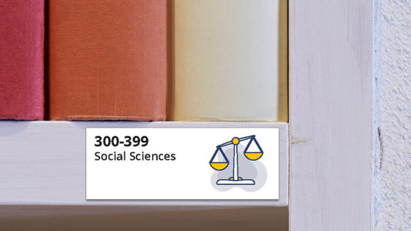 Dewey Decimal System label for 300-399 Social Sciences on book shelf.