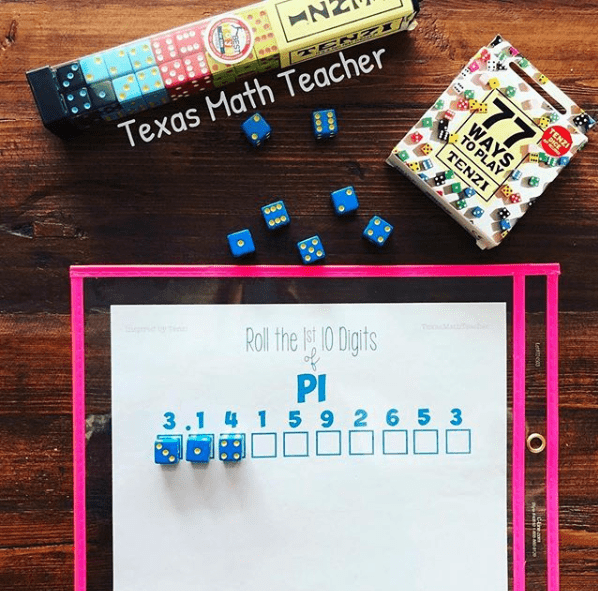 A whiteboard with the word Pi and 10 empty squares written on it next to a package of dice on a table as an example of Pi Day activities