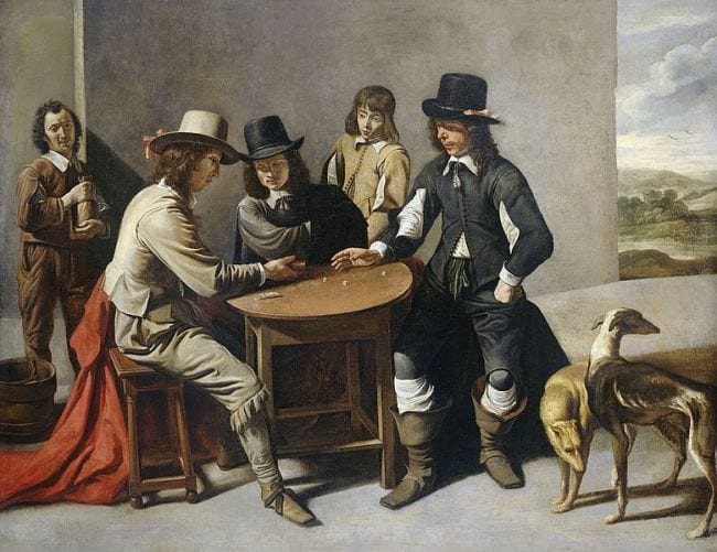 Painting of men playing a dice game by Gabriel de Saint-Aubin in the 1600s