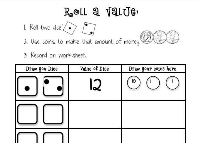Roll a Value printable worksheet with columns for dice, value of dice, and coins (Dice Games)