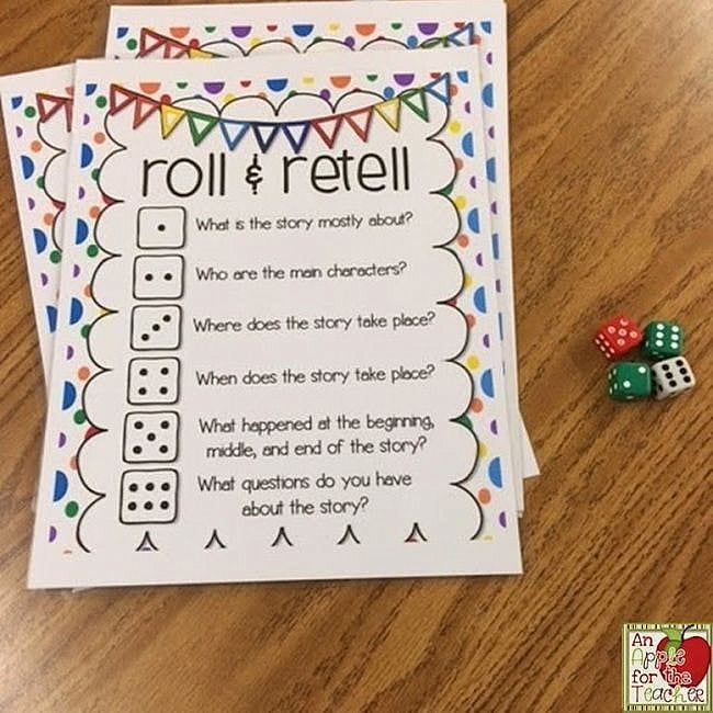 Roll and Retell printable worksheet with dice sides and questions like "Who are the main characters?"