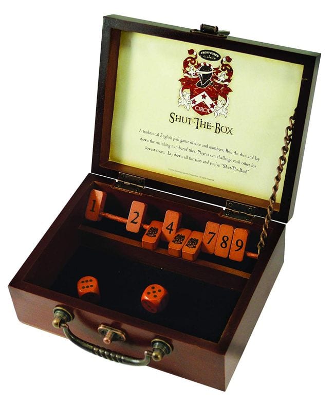 Wood box with hinged tiles numbered 1 to 9 and a pair of wooden dice, which can be used to play first grade math games