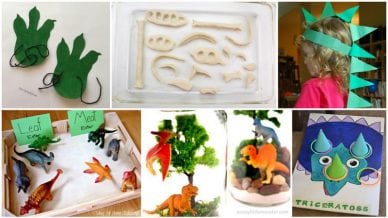 Dinosaur Activities for kids including paper, clay, and toys.