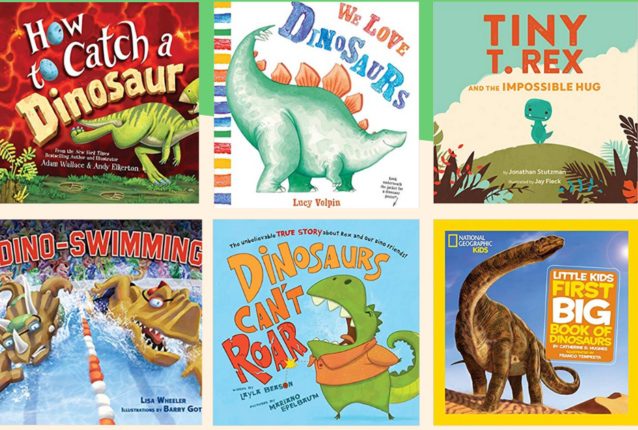 collage of dinosaur books
