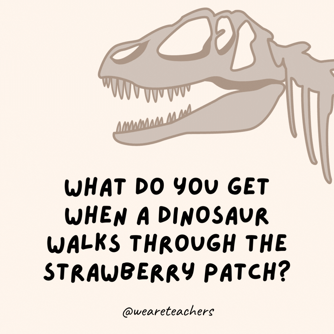 What do you get when a dinosaur walks through the strawberry patch?