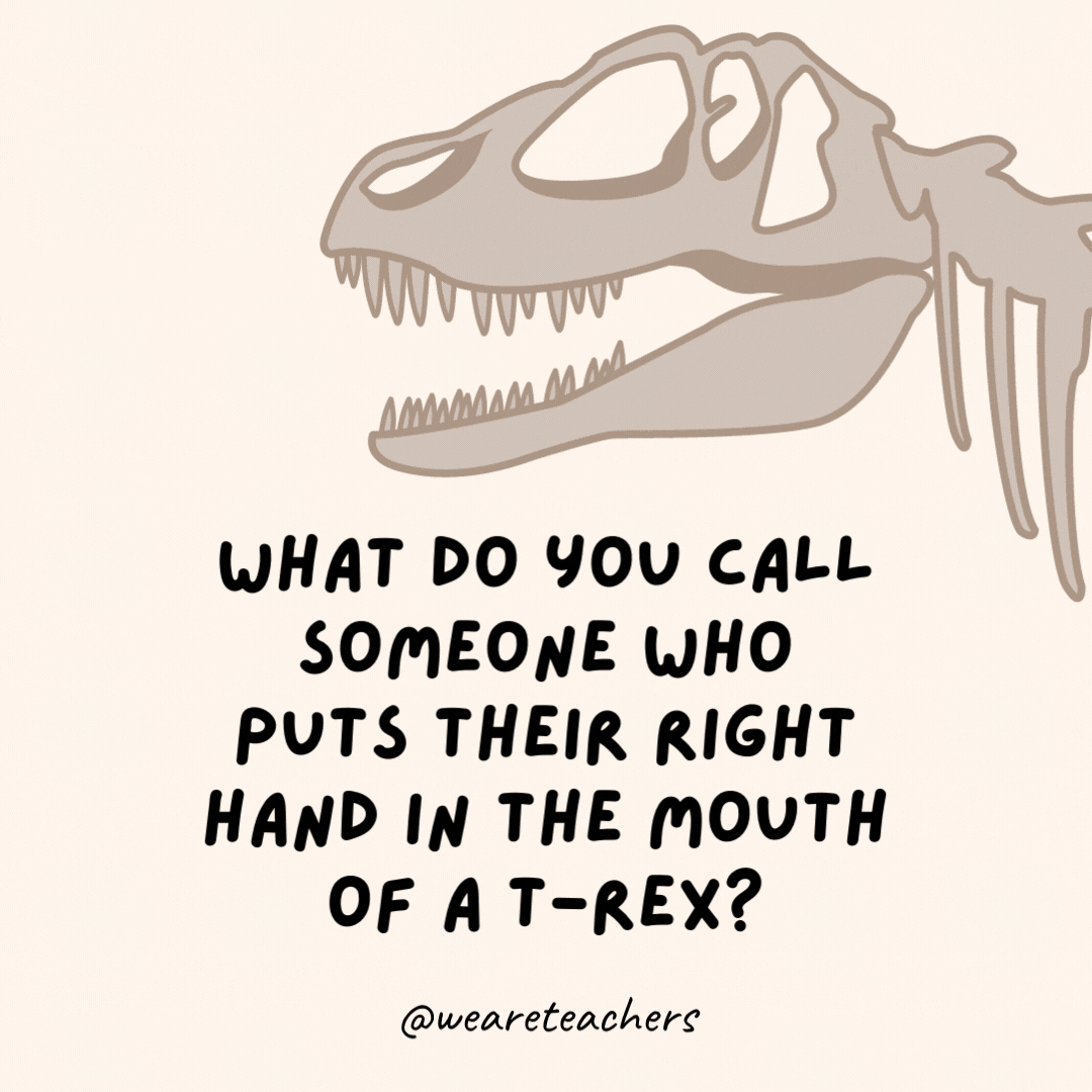 What do you call someone who puts their right hand in the mouth of a T-Rex?