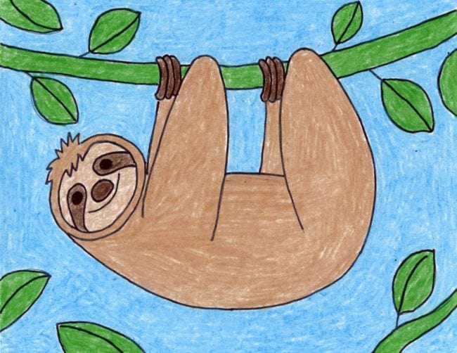 Simple crayon drawing of a sloth hanging from a tree