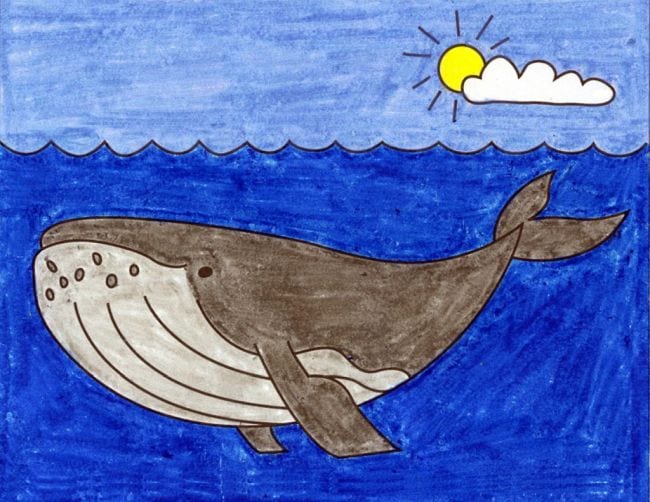 Crayon drawing of a humpback whale in a blue ocean