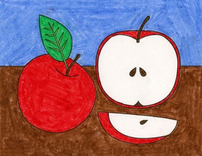 Crayon drawing of a full apple, half apple, and apple slice