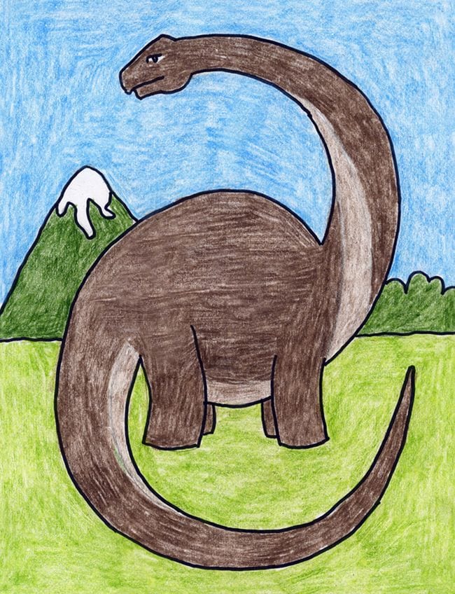 Crayon drawing of a diplodocus with a blue sky, green grass, and a snow capped mountain in the background.