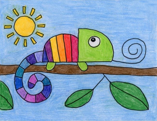 Crayon drawing of a rainbow-striped chameleon on a branch. The background is a blue sky and there is a yellow sun. 