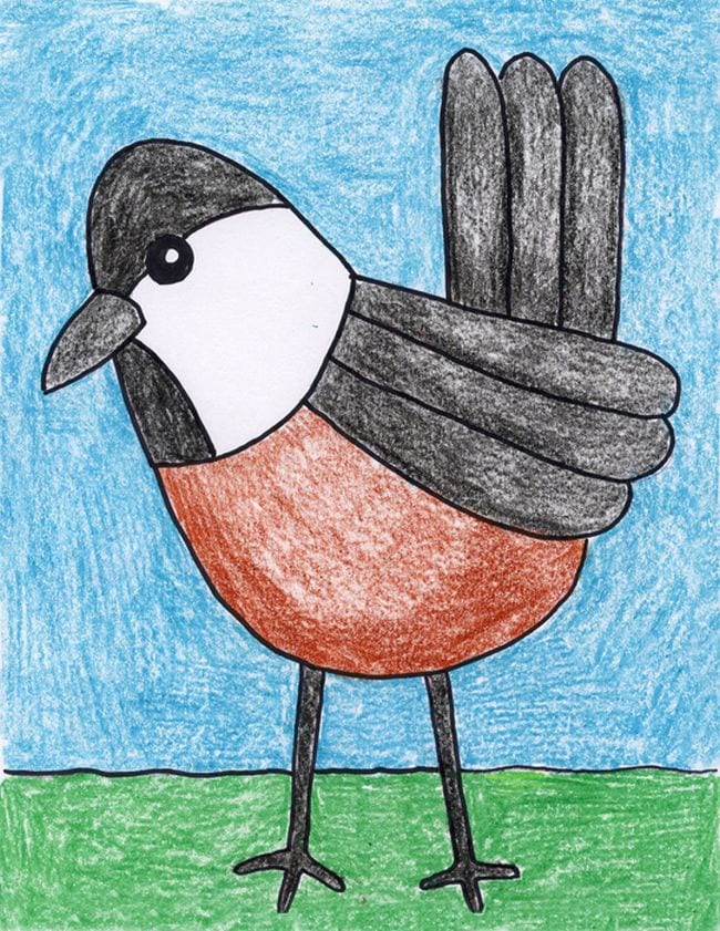 Simple crayon drawing of a chickadee bird. The background is divided into a blue sky and green grass and the entire page is colored - Directed Drawing for Kids