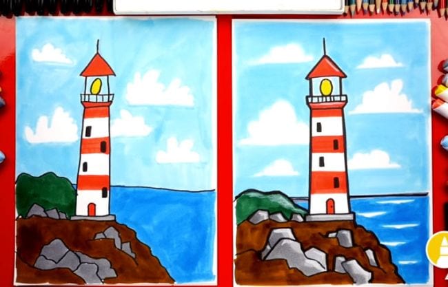Side-by-side drawings of a red and white lighthouse on a cliff by the sea