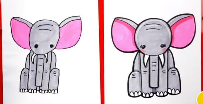 Side-by-side simple crayon drawings of an elephant