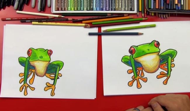 Side-by-side sketches of a colorful tree frog - Directed Drawing for Kids
