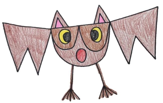 Directed Drawing for Kids include this simple bat sketch with shapes like triangles and half circles.